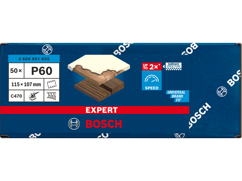 Brusni papir EXPERT C470 z 6 luknjami za vibracijske brusilnike, Dimenzije: 115x107mm, Zrnatost: 60, 2608901655